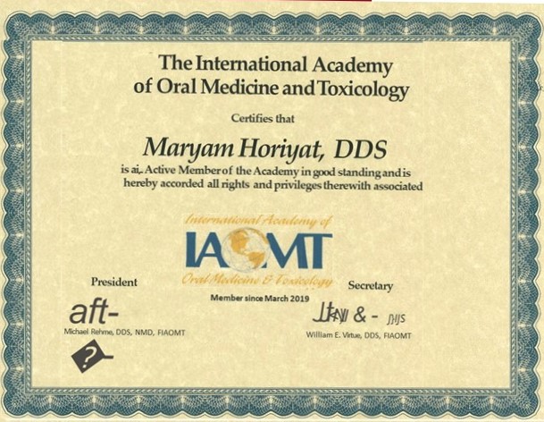 Dr. Maryam Horiyat IAOMT certificate