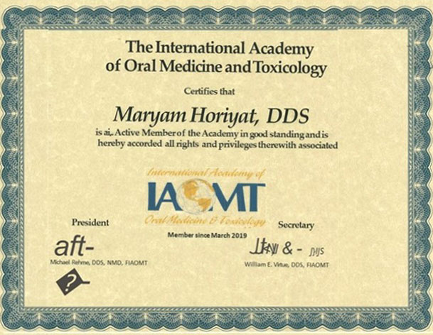 IAOMT certification of Dr. Maryam Horiyat