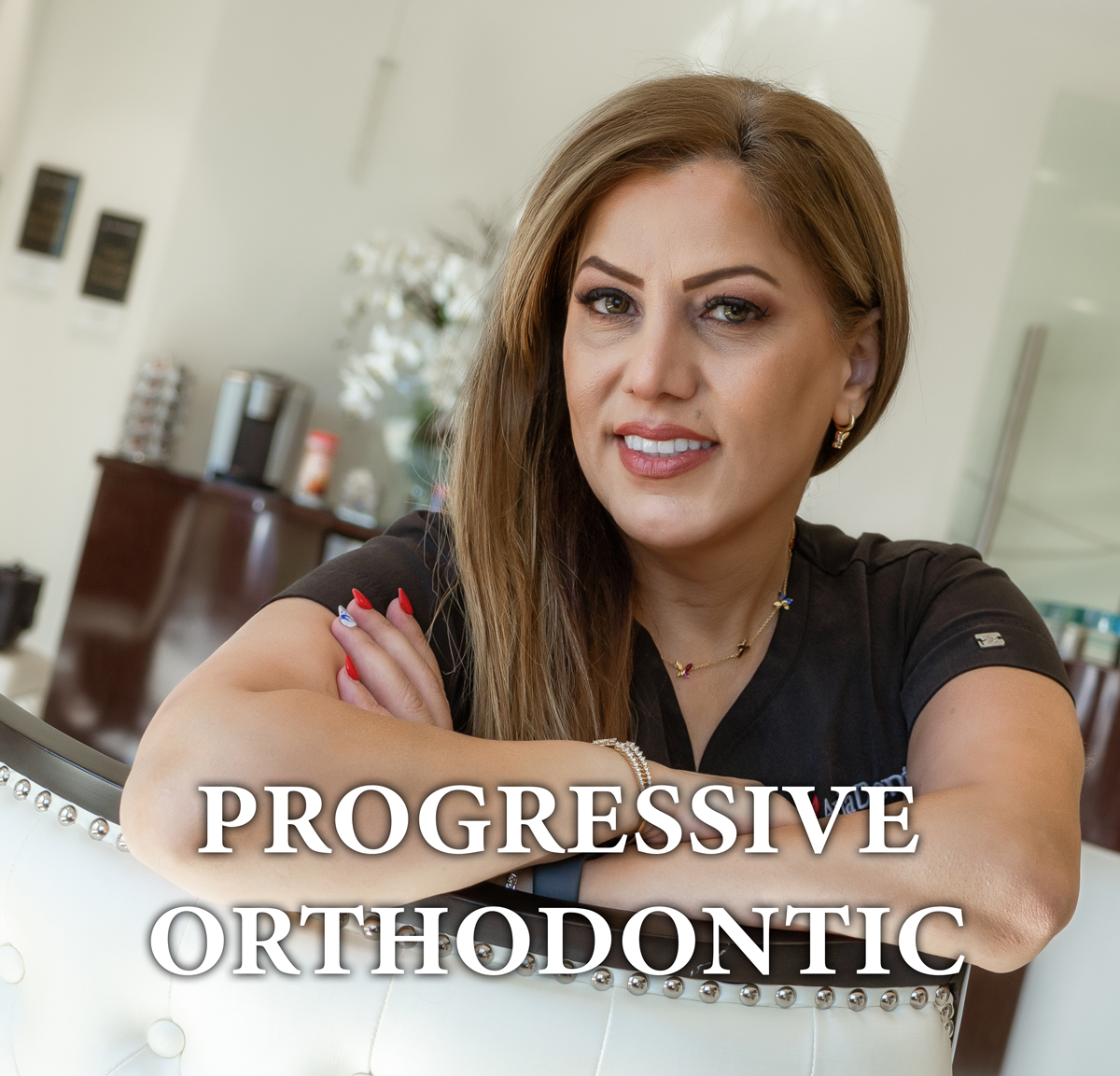 Dr. Maryam Horiyat in office with progressive orthodontic text on the image
