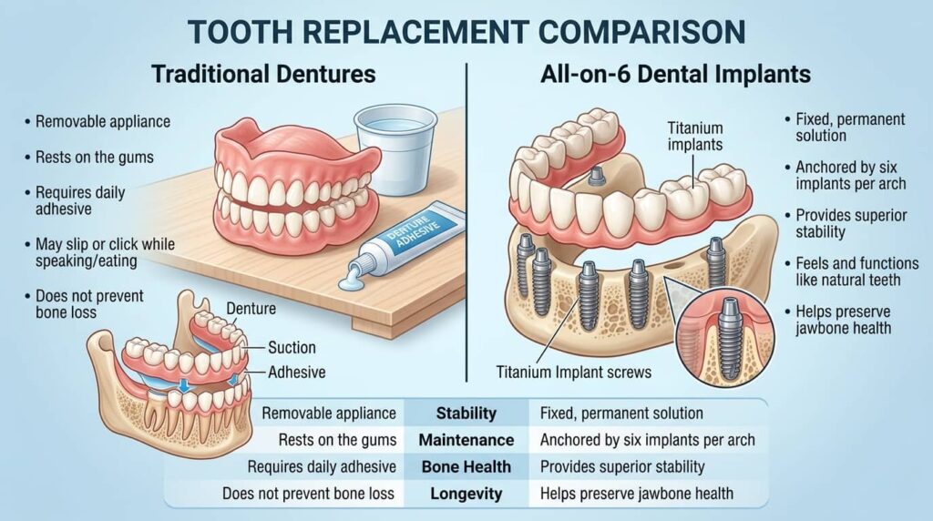 All-on-6 Dental Implants vs. Traditional Dentures: A Side-by-Side Comparison for Orange County Patients 2 All-on-6 Dental Implants vs. Traditional Dentures: A Side-by-Side Comparison for Orange County Patients